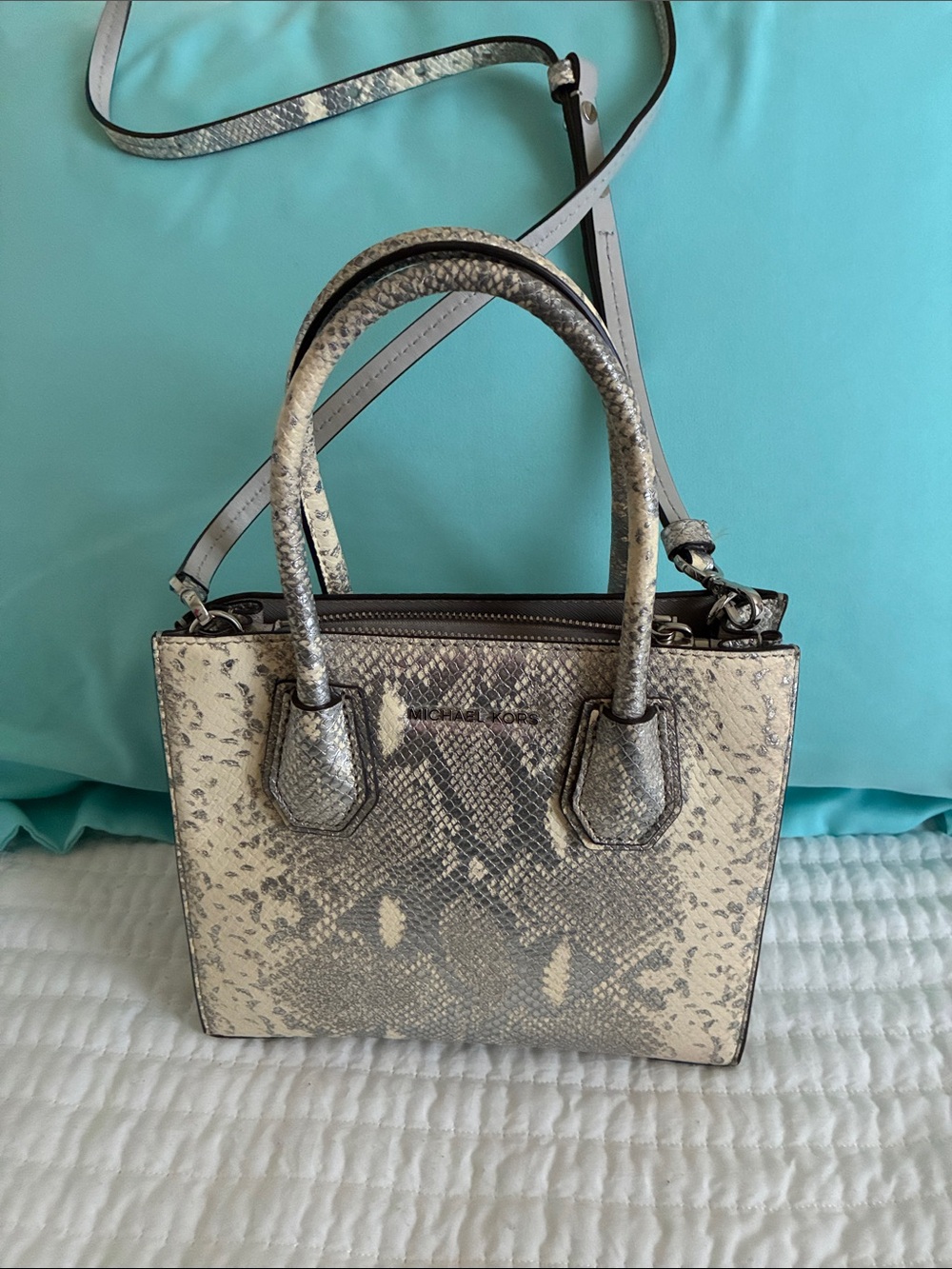 Michael Kors Beige and Gray Snake-Print Satchel